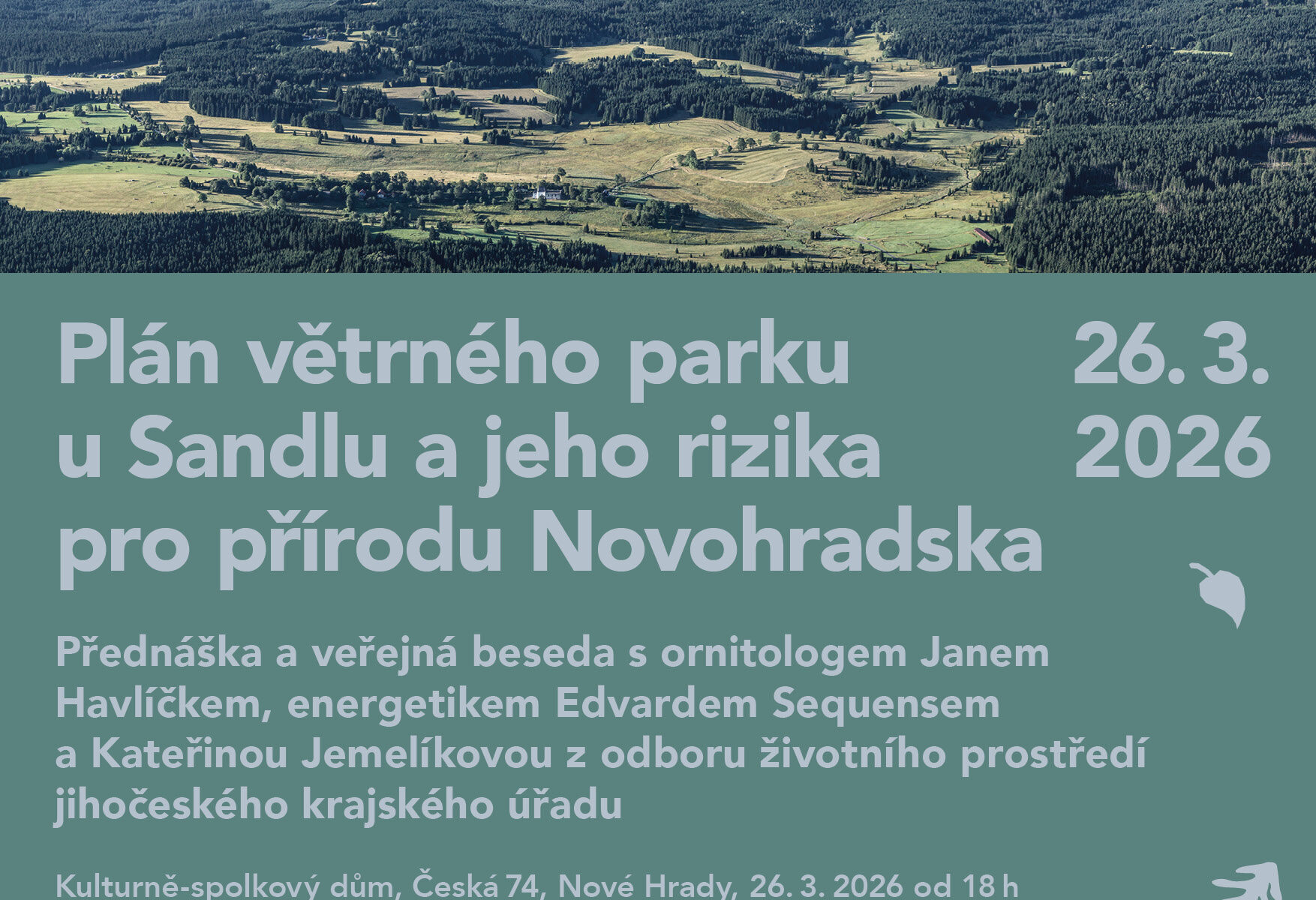 pozvánka na veřejnou přednášku na téma plánovaného větrného parku Sandl