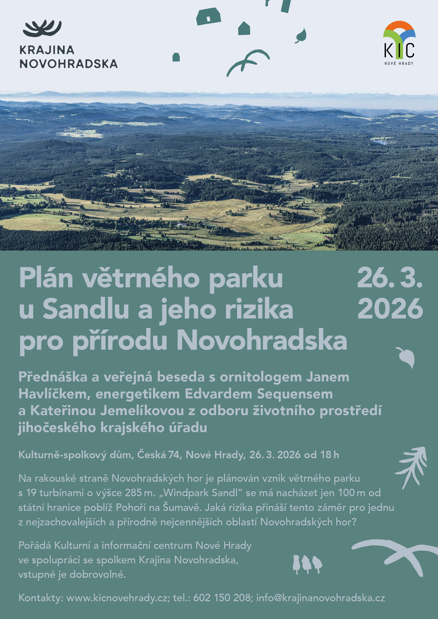 pozvánka na veřejnou přednášku na téma plánovaného větrného parku Sandl