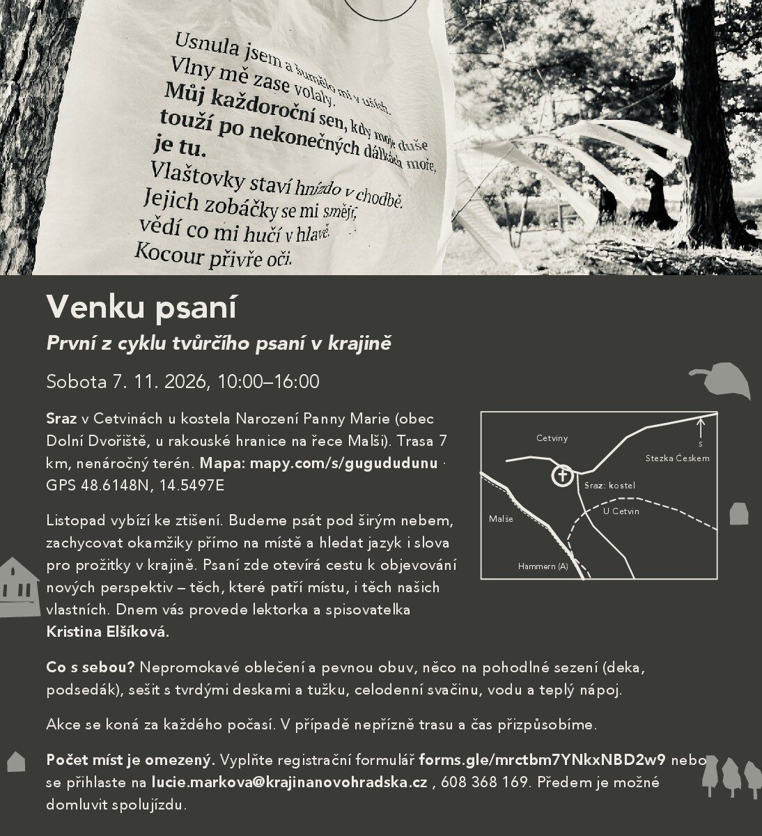 Venku psaní – první setkání cyklu tvůrčího psaní v krajině, 7. 11. 2026, Cetviny